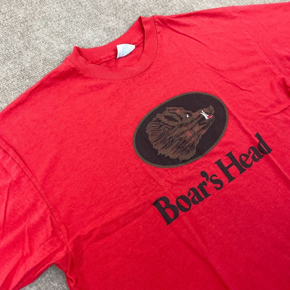 Vintage Boars Head Graphic Print Single Stitch USA Made T Shirt Mens XL Red